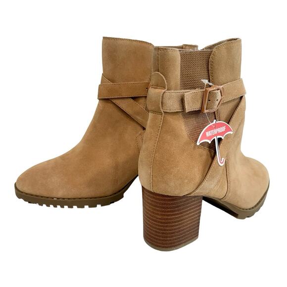 NEW Blondo Tamzin Waterproof Suede Camel Tan Ankle Booties Buckle Block Heel 10M - Picture 10 of 12